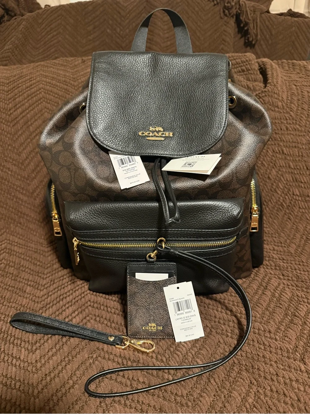Coach Brown Signature Backpack/Diaper Bag Walnut/Black/Gold with Coach Lanyard